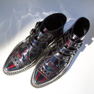 Black Prism Hologram Vegan Patent 3-Buckle Pointed Platform Boot Demonia M 7 W 9